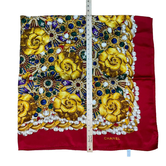 Chanel Iconic 54” Silk Shawl Jewel Camellia Motif Multicolor Large Scarf Wrap - Picture 11 of 15